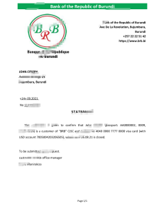 布隆迪共和国银行账户推荐信模板Burundi The Republic Bank Of Burundi Bank Account Reference Letter Template-帮司令