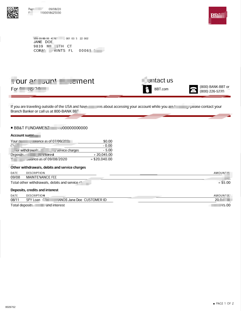 美国北卡罗来纳州 BBT 公司银行对账单模板