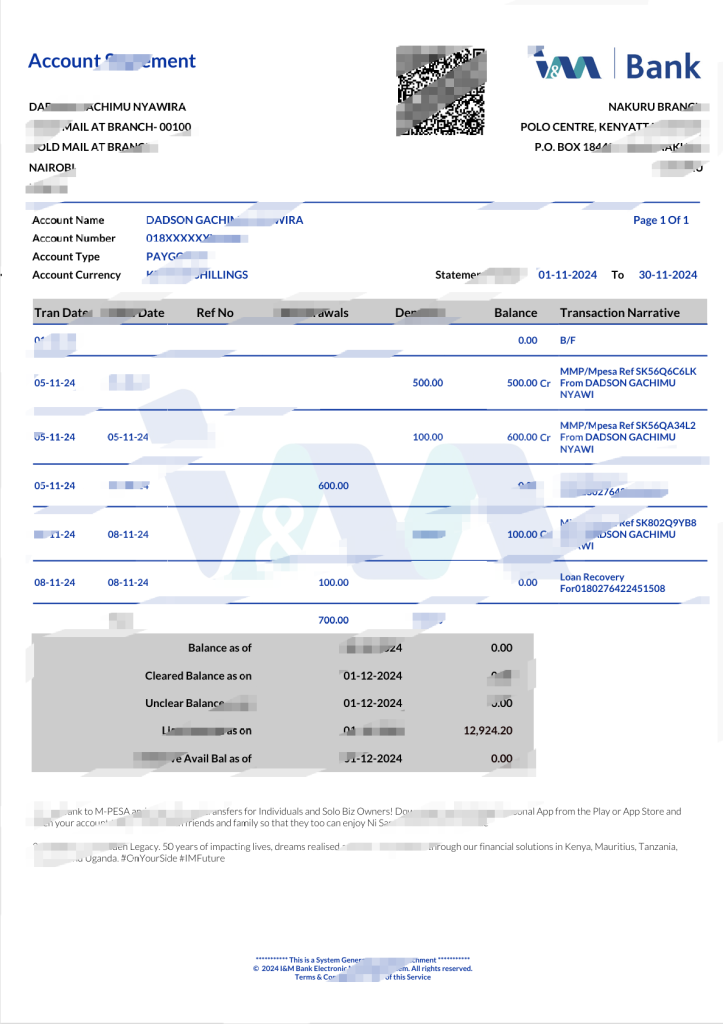 肯尼亚I&M银行账户对账单模板（Word和PDF格式）
