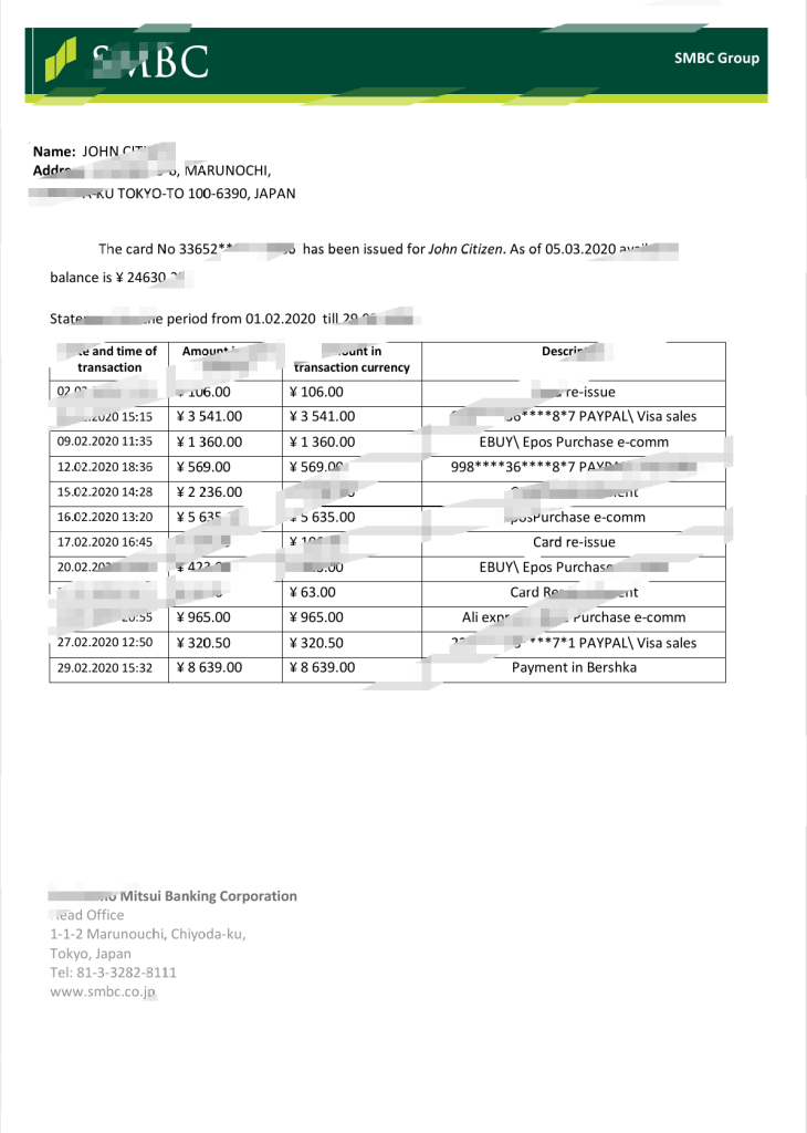日本三井住友银行 (SMBC) 银行对账单 Word 和 PDF 模板