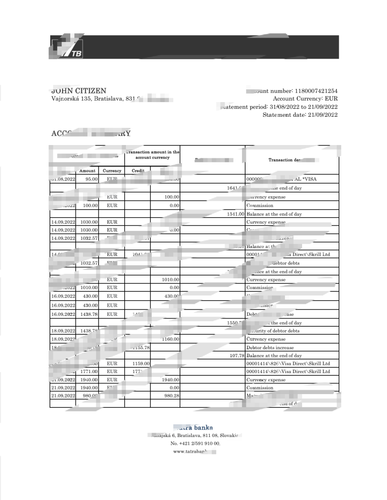 斯洛伐克塔特拉银行对账单 Excel 和 PDF 模板版本 2