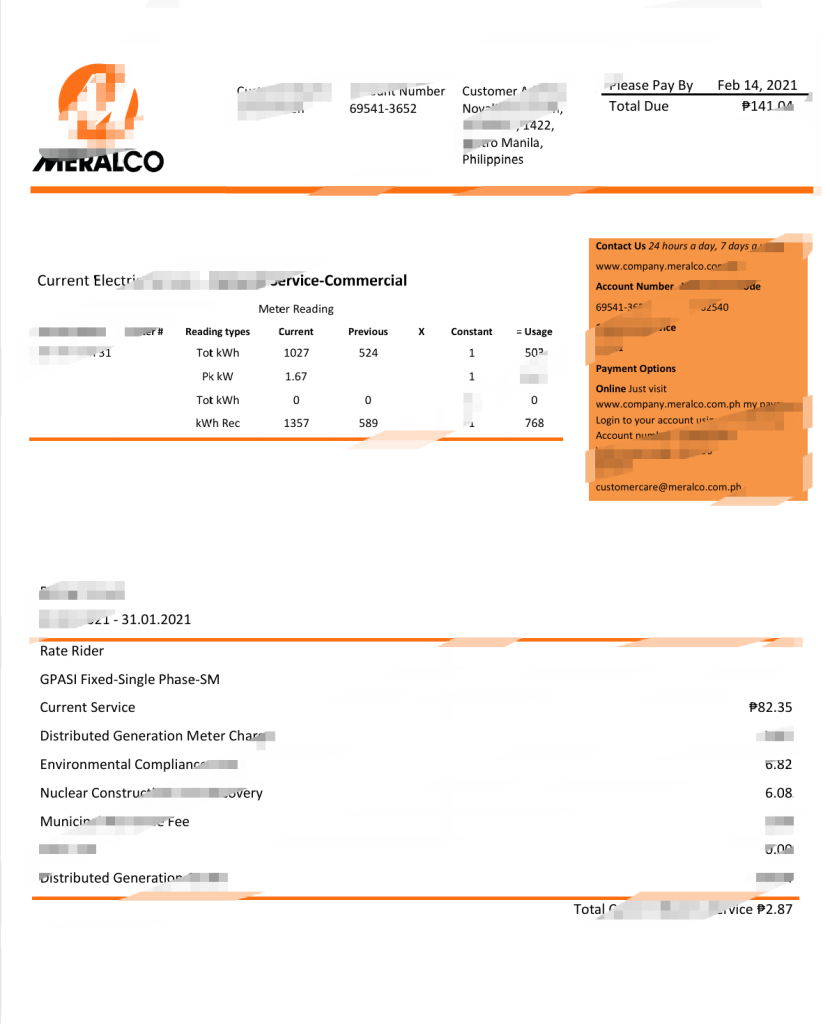 菲律宾马尼拉电力公司 (Meralco) 电费账单 Word 和 PDF 模板