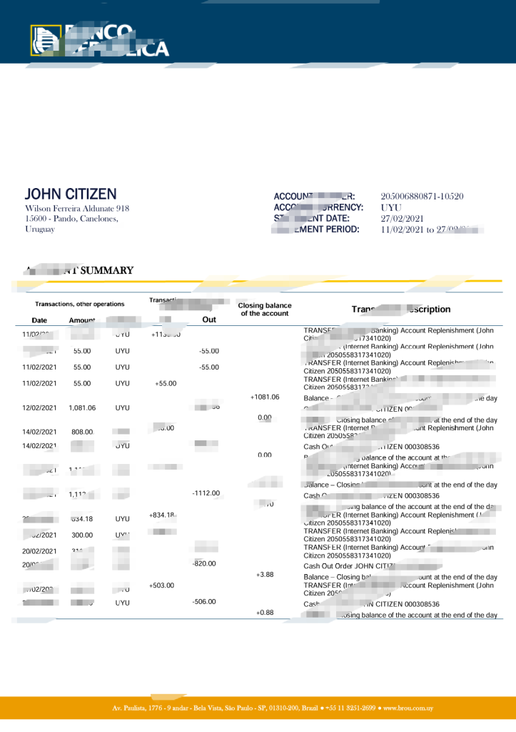 乌拉圭东方共和国银行 乌拉圭银行报表模板版本 2