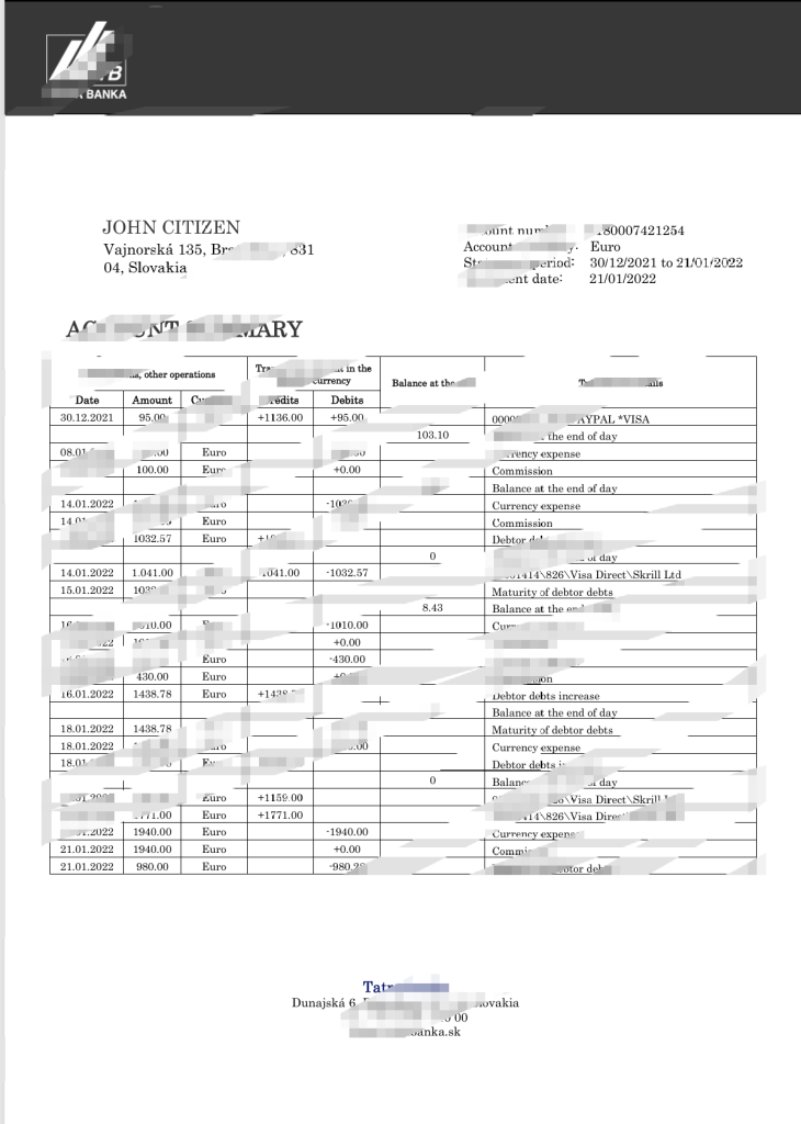 斯洛伐克塔特拉银行对账单 Word 和 PDF 模板