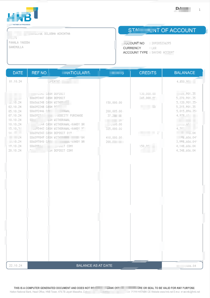 斯里兰卡哈顿国家银行 (HNB) 储蓄账户对账单模板