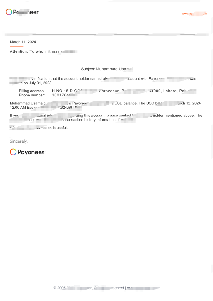 Payoneer账户验证模板（Word和PDF格式）