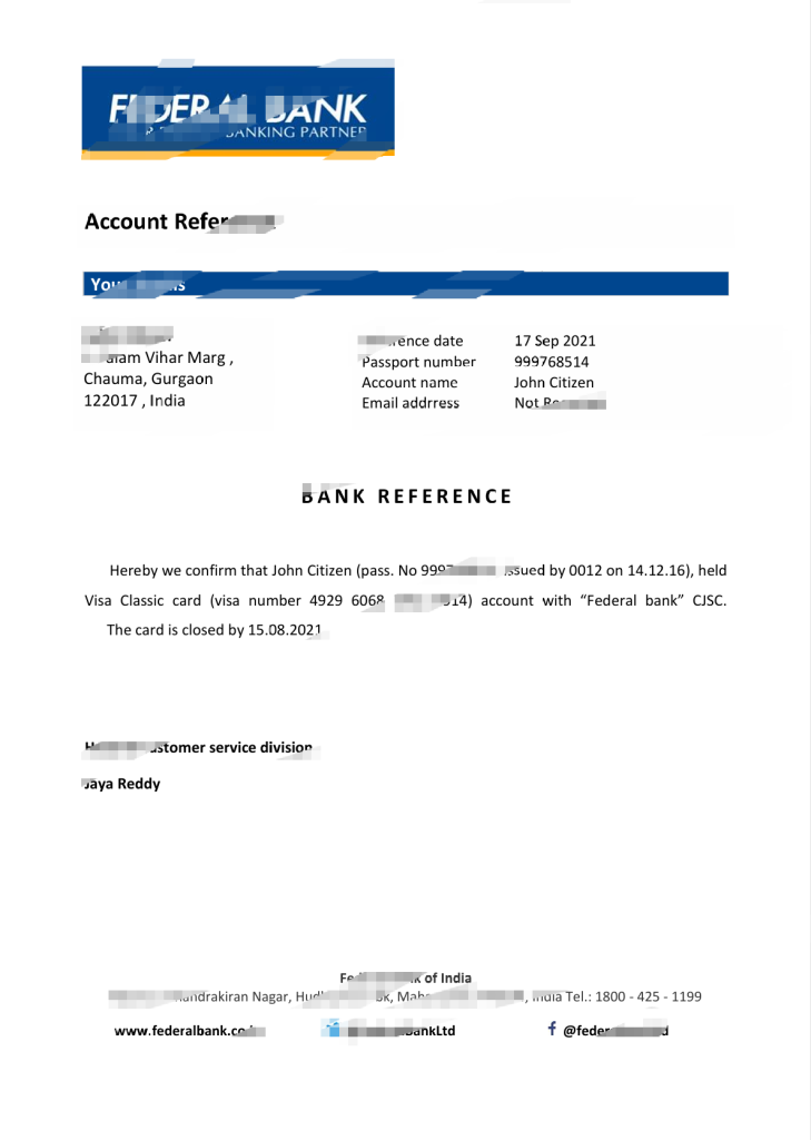 印度联邦银行推荐信模板第二版