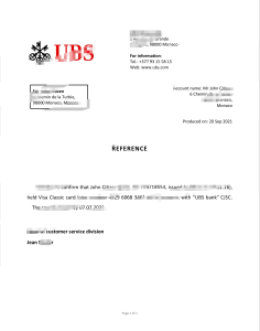 摩纳哥瑞银银行推荐信模板第二版Monaco UBS Bank Reference Letter Template Version 2-帮司令