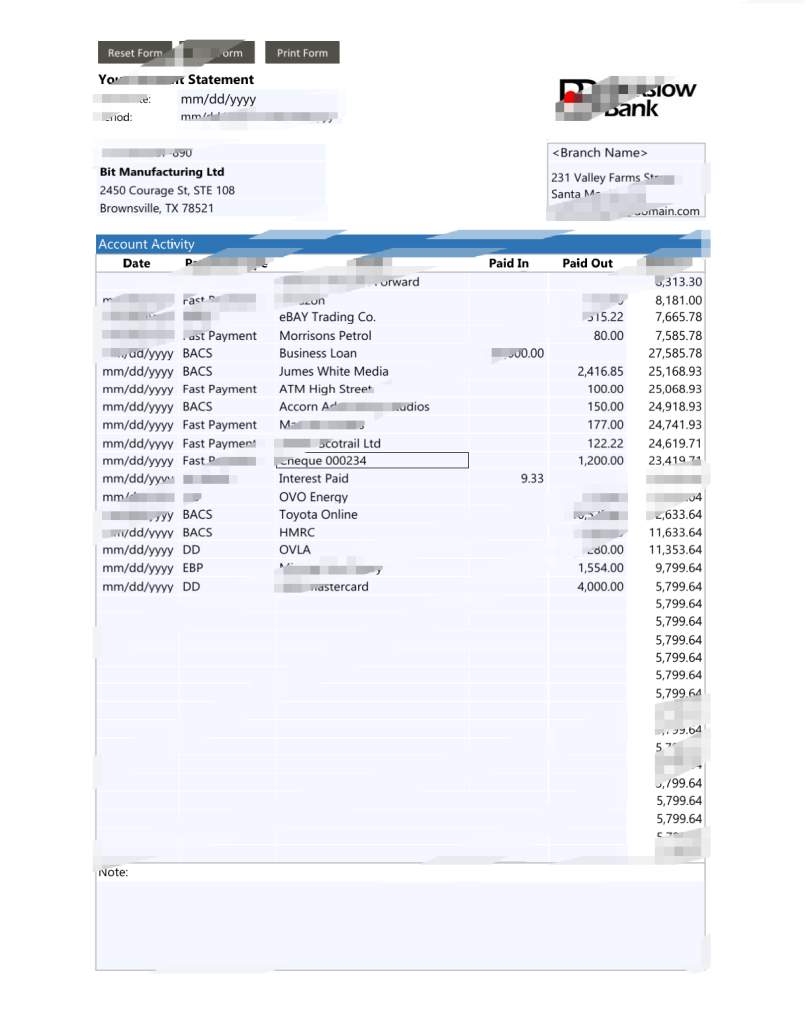 美国比克斯洛银行账户对账单模板（Word 和 PDF 格式）