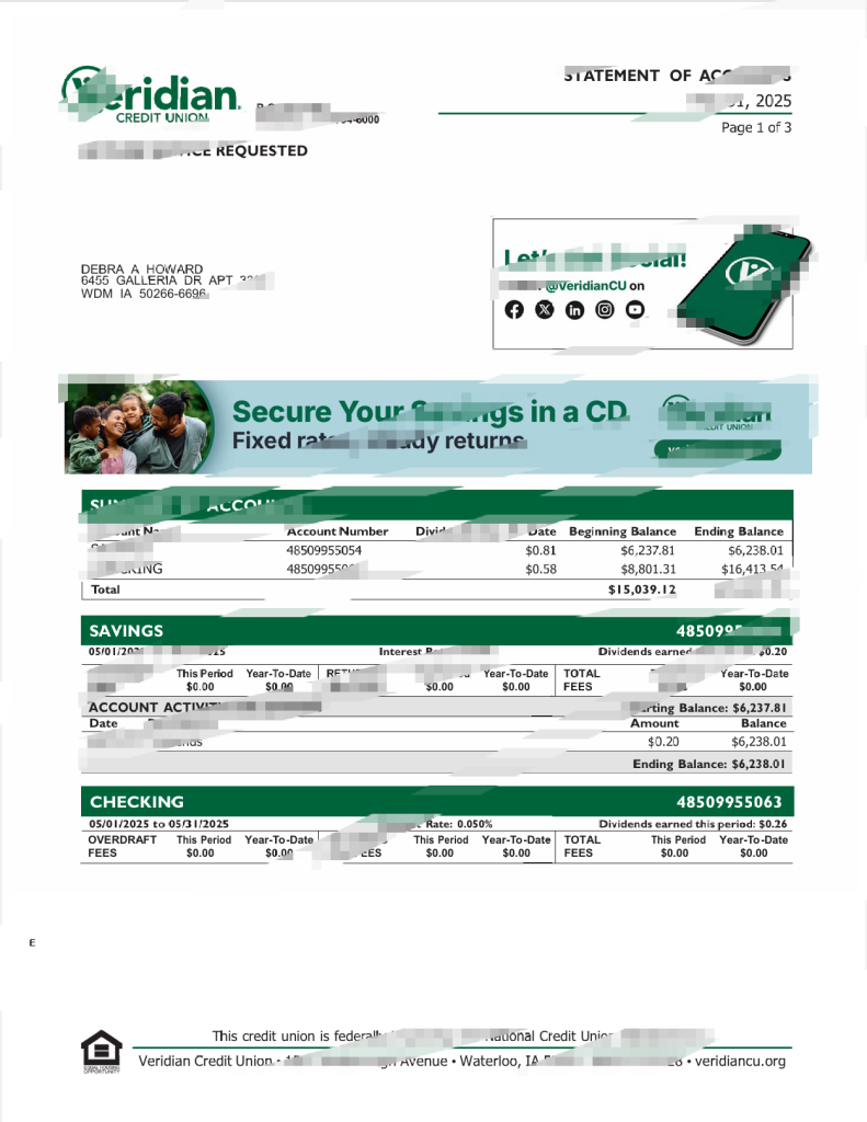 美国Veridian信用社账户对账单模板（2025）