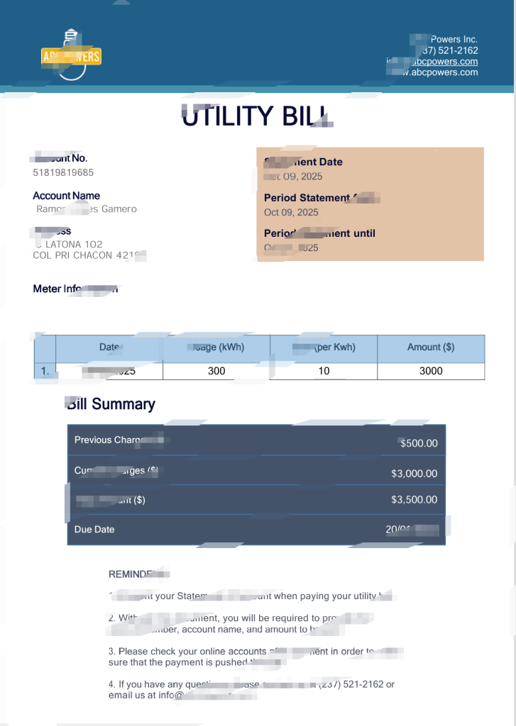 墨西哥ABCPOWERS公用事业账单模板（Word和PDF格式）