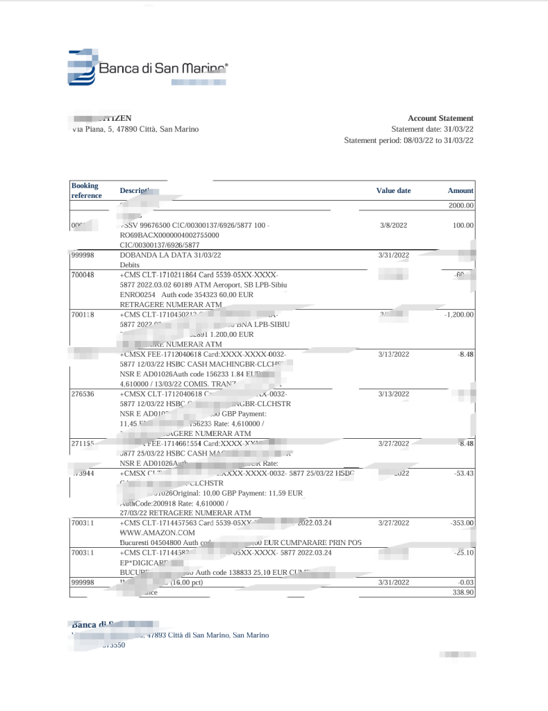 圣马力诺银行银行对账单模板