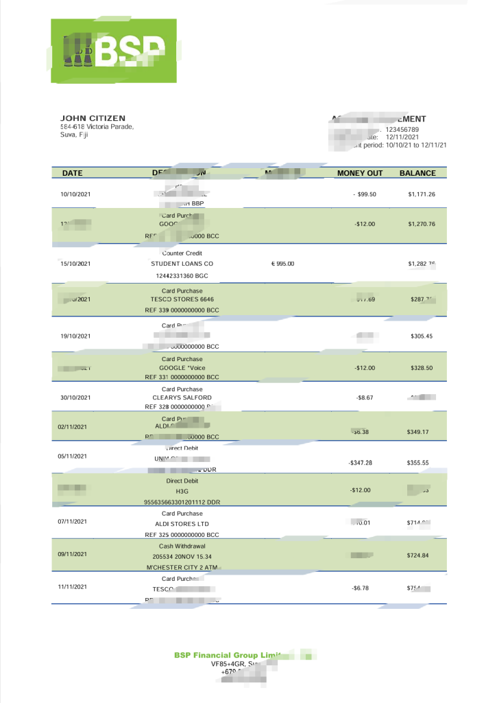 斐济南太平洋银行对账单 Word 和 PDF 模板