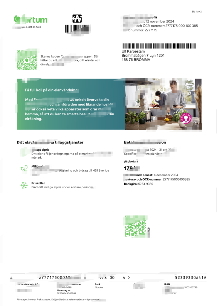 瑞典福图姆电力账单模板，Word和PDF格式