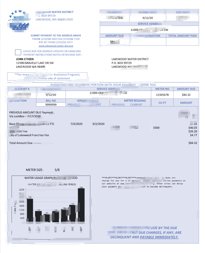 美国莱克伍德水务区公用事业账单 Word 和 PDF 模板