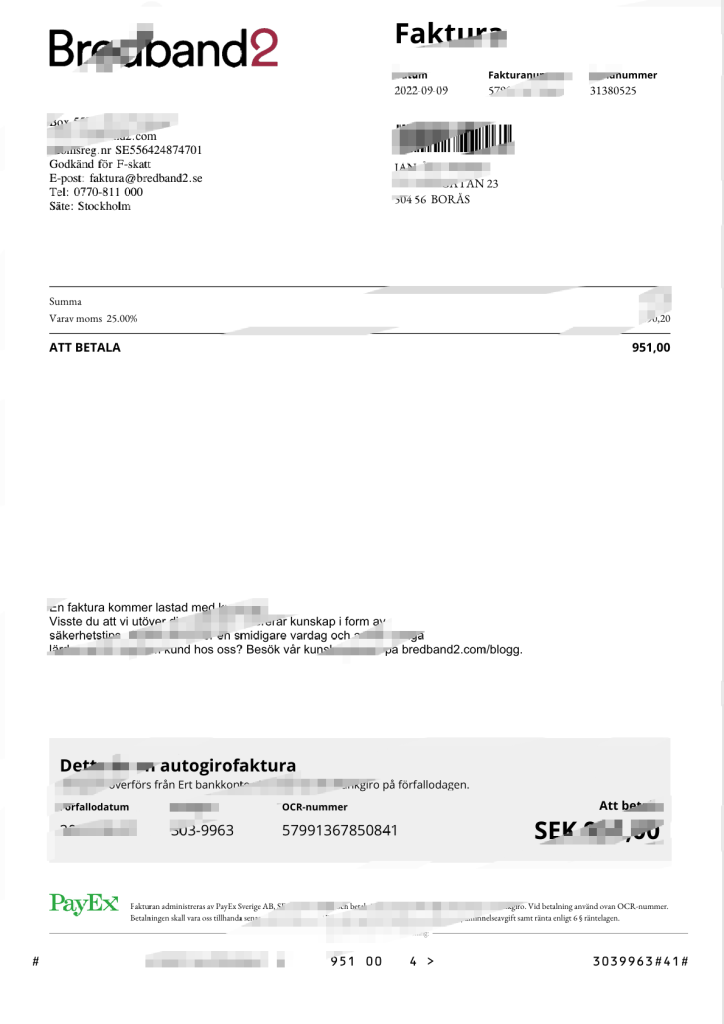瑞典 Bredband2 宽带发票模板（Word 和 PDF 格式）