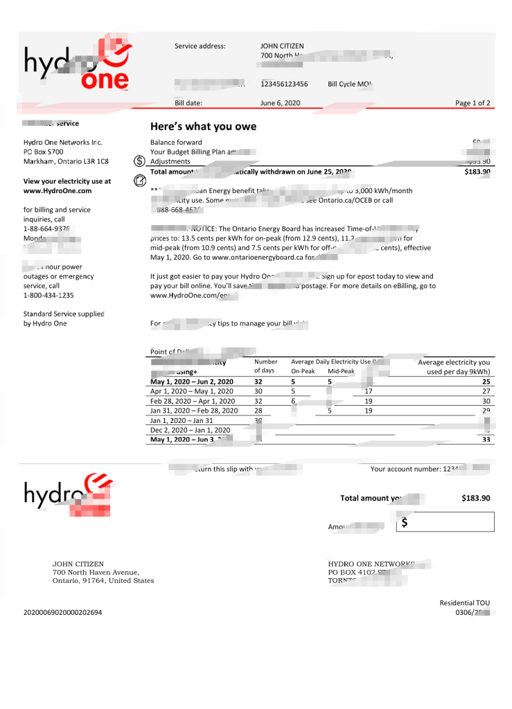 美国安大略省Hydro One电力公司电费账单Word和PDF模板（2页）