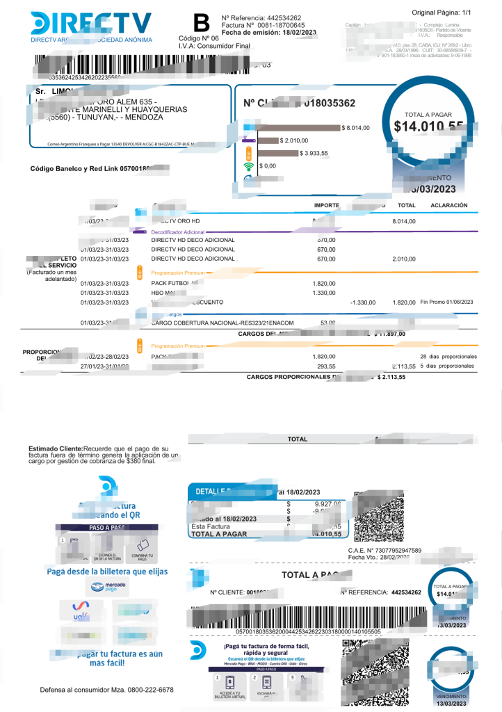 阿根廷 DIRECTV 服务发票模板（Word 和 PDF 格式）