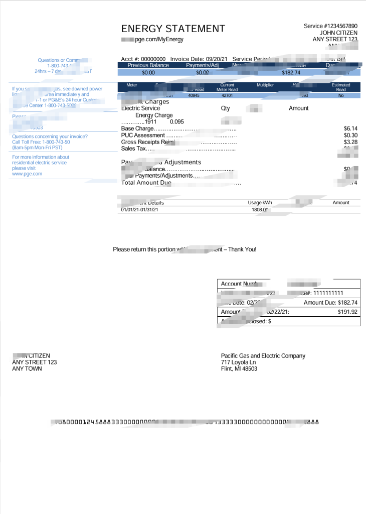 美国加州太平洋煤气电力公司（PGE）公用事业账单 Word 和 PDF 模板版本 2