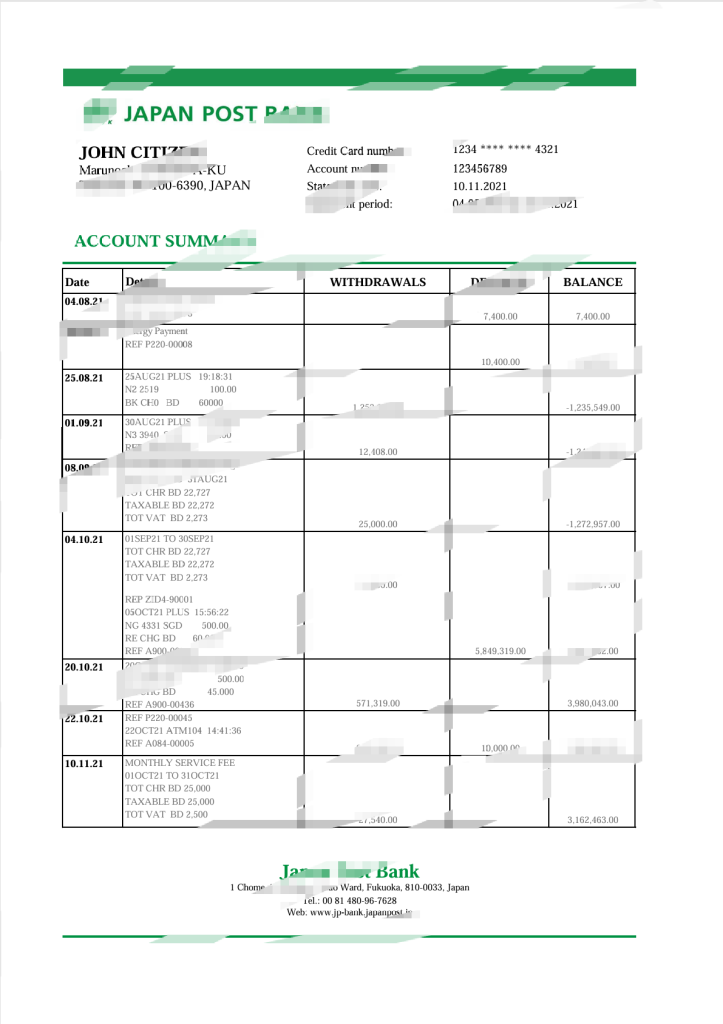 日本邮政银行对账单 Excel 和 PDF 模板