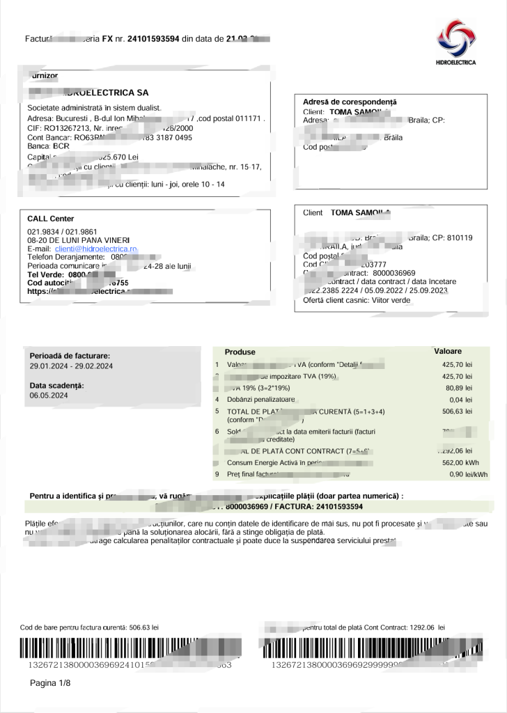 罗马尼亚水电公司电费账单模板（Word 和 PDF 格式）