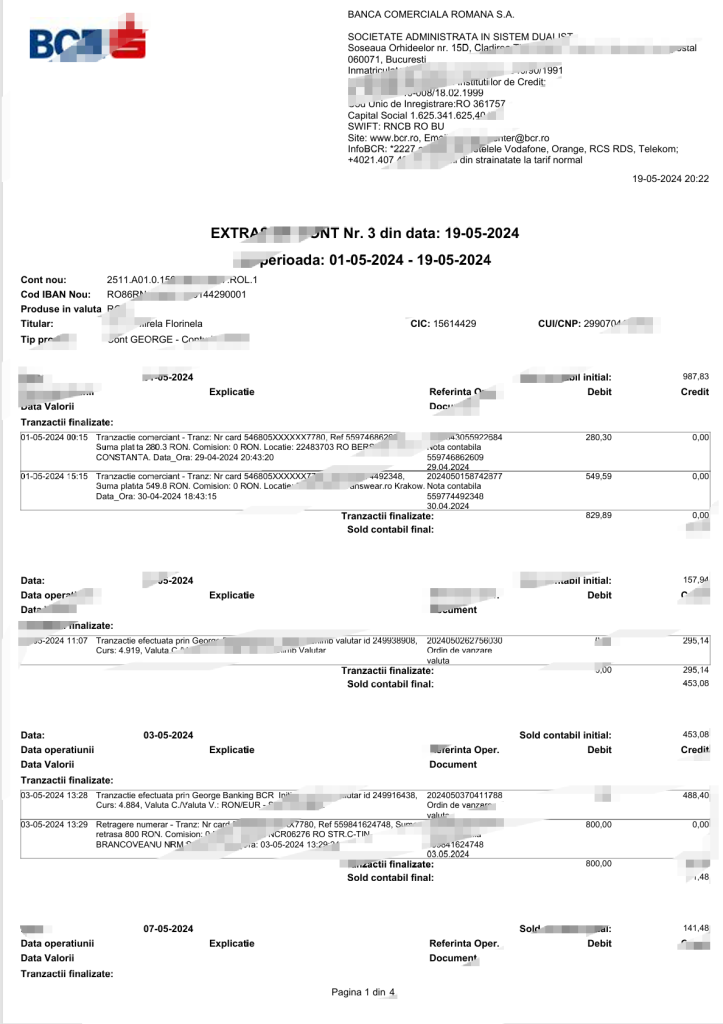 罗马尼亚 BCR 银行对账单模板（Word 和 PDF 格式）