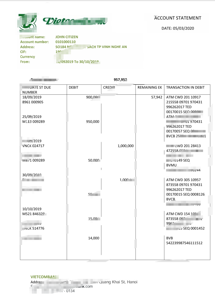 越南外贸银行对账单模板版本 2
