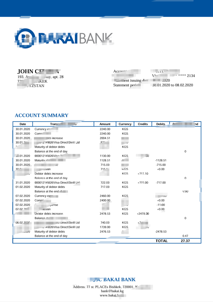 吉尔吉斯斯坦巴凯银行股份公司对账单 Word 和 PDF 模板