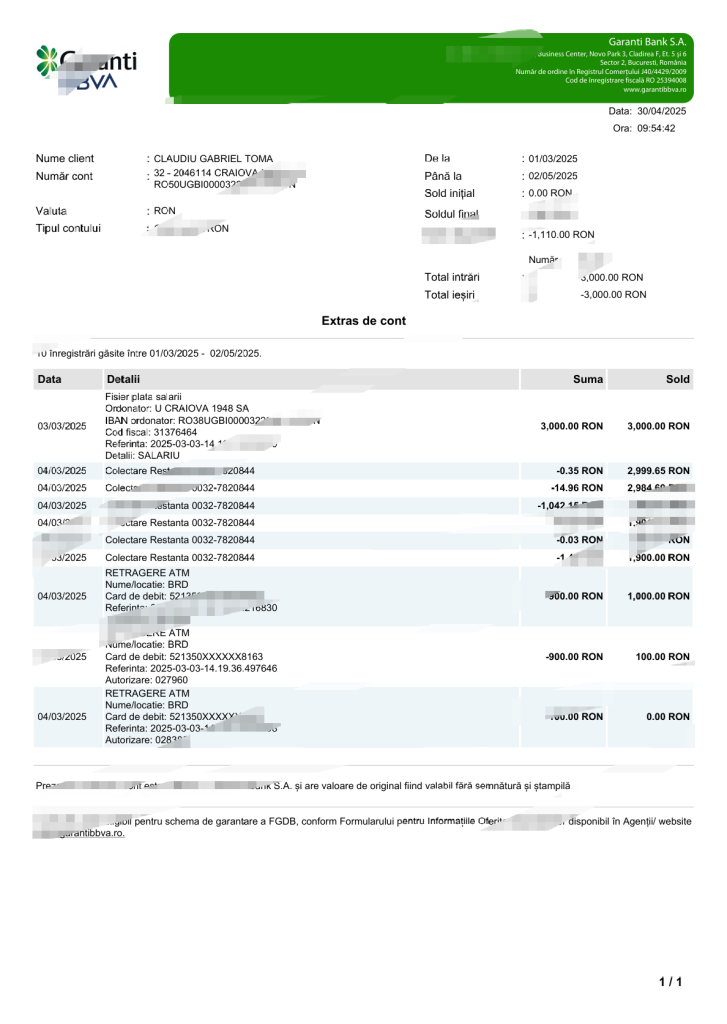 罗马尼亚 Garanti BBVA 银行对账单模板（Word 和 PDF 格式）