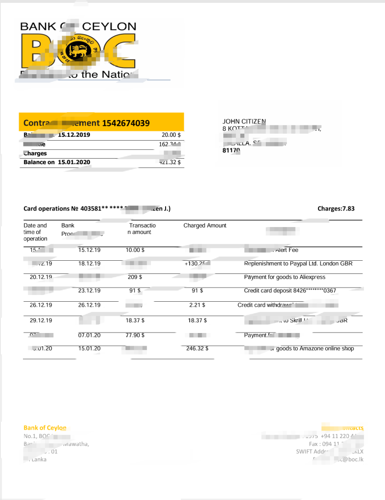 斯里兰卡锡兰银行对账单模板版本 2