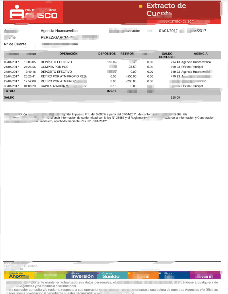 秘鲁库斯科市立银行对账单模板（Word 和 PDF 格式）