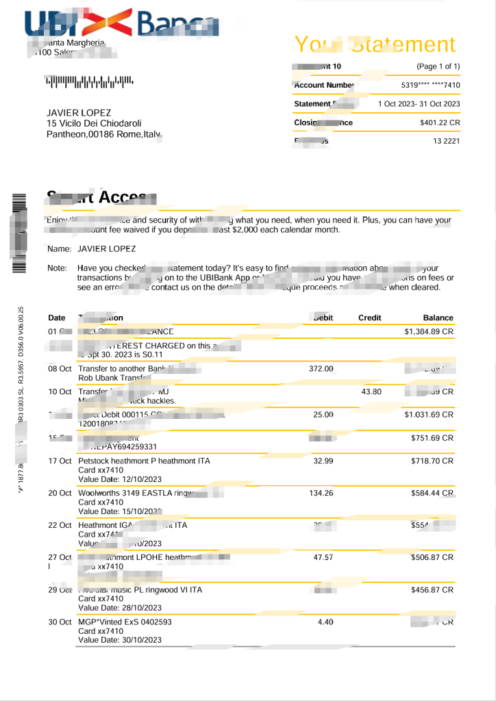 意大利UBI Banca银行对账单模板（Word和PDF格式）