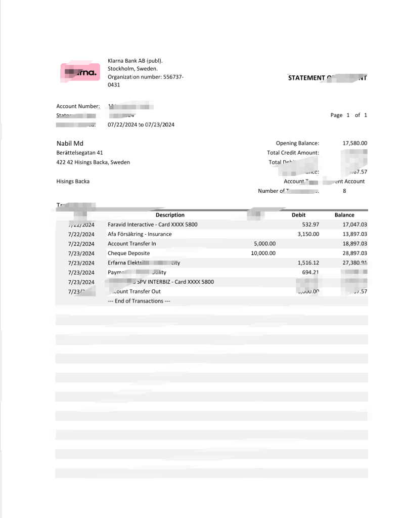 瑞典 Klarna 银行对账单模板（Word 和 PDF 格式）
