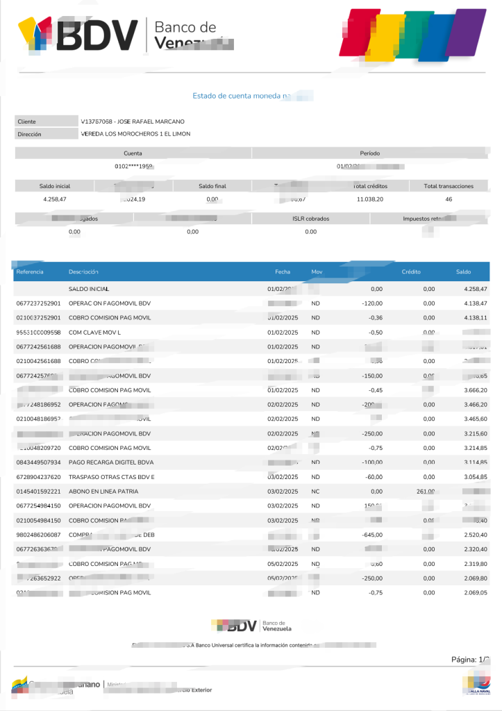 委内瑞拉银行对账单模板（Word 和 PDF 格式）