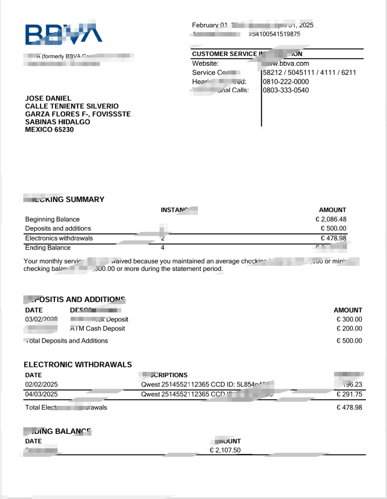 墨西哥BBVA银行对账单模板（Word和PDF格式）