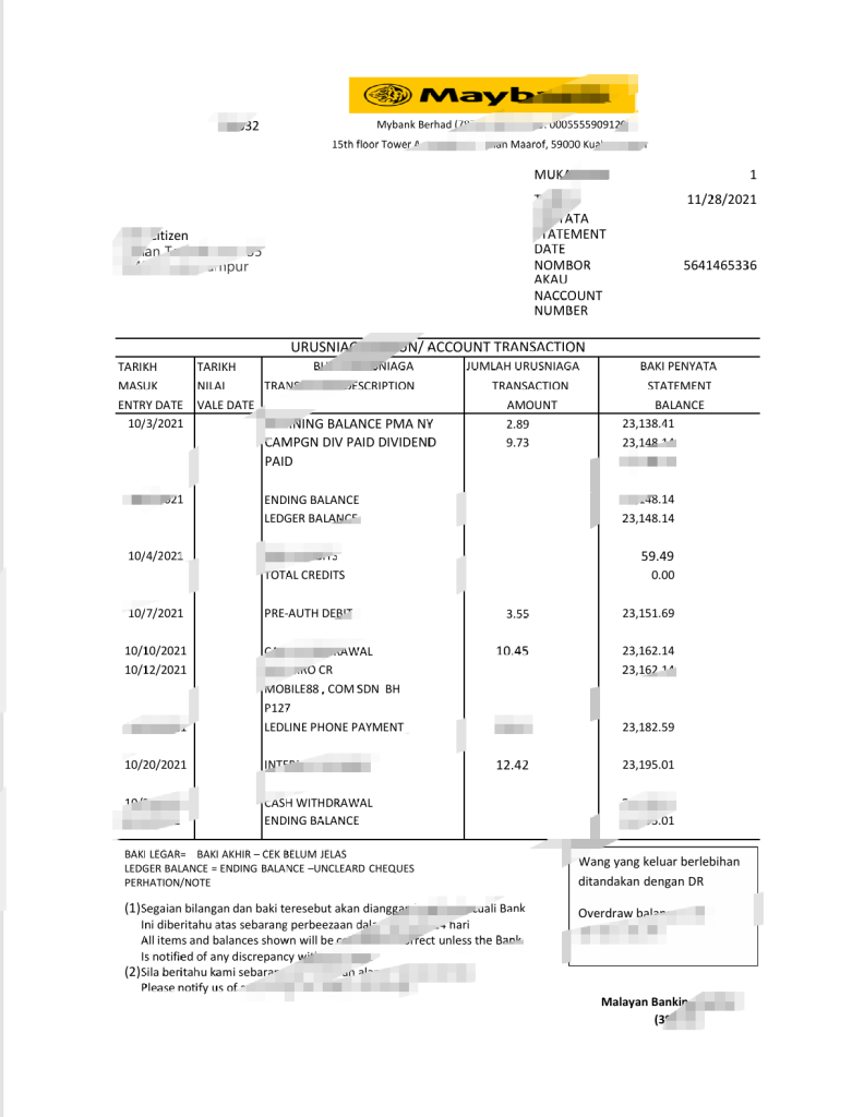 马来西亚马来亚银行对账单 Excel 和 PDF 模板