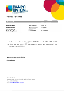 玻利维亚联合银行推荐信模板Bolivia Banco Union Bank Reference Letter Template-帮司令