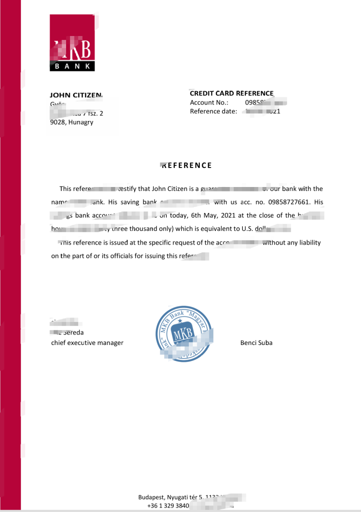 匈牙利MKB银行推荐信模板版本2