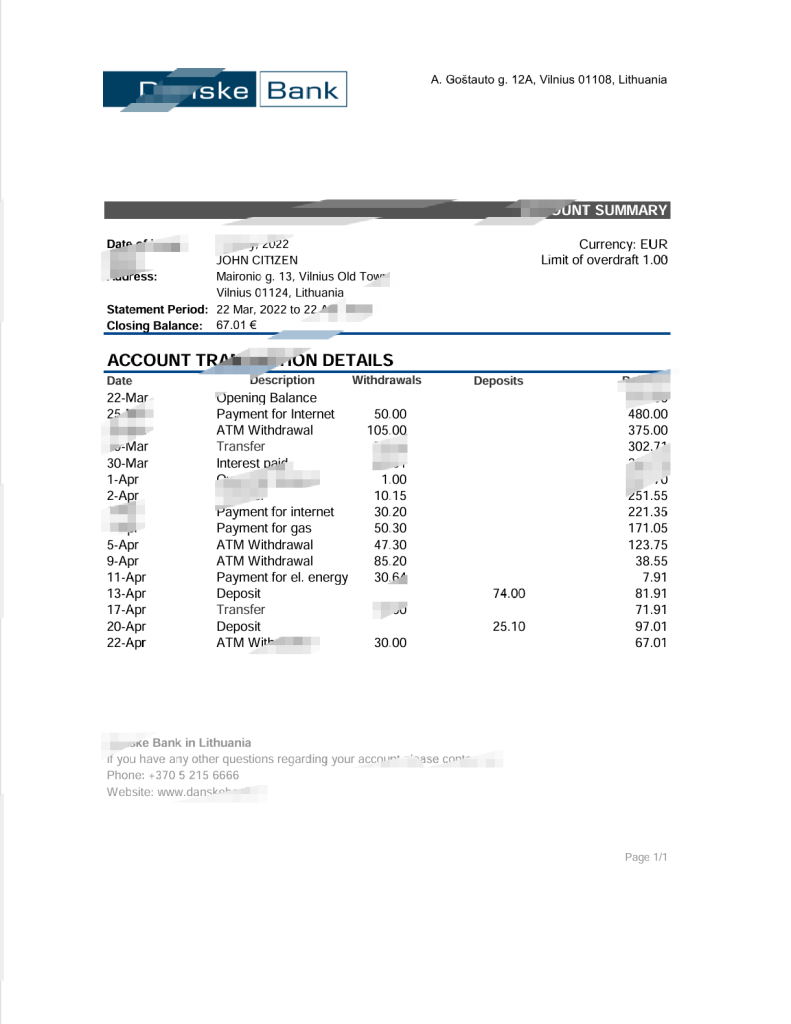 立陶宛丹麦银行对账单Excel及PDF模板