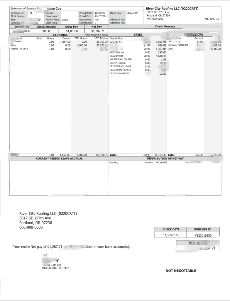 美国 River City Roofing LLC 工资单模板（Word 和 PDF 格式）