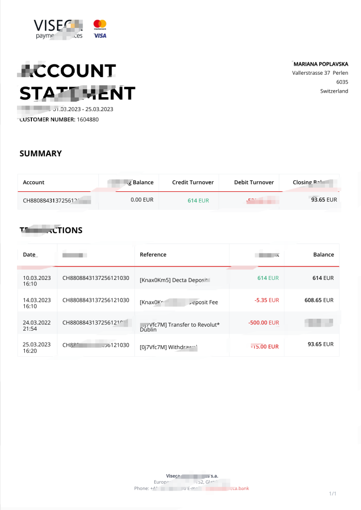 瑞士维塞卡银行账户报表模板（Word 和 PDF 格式）