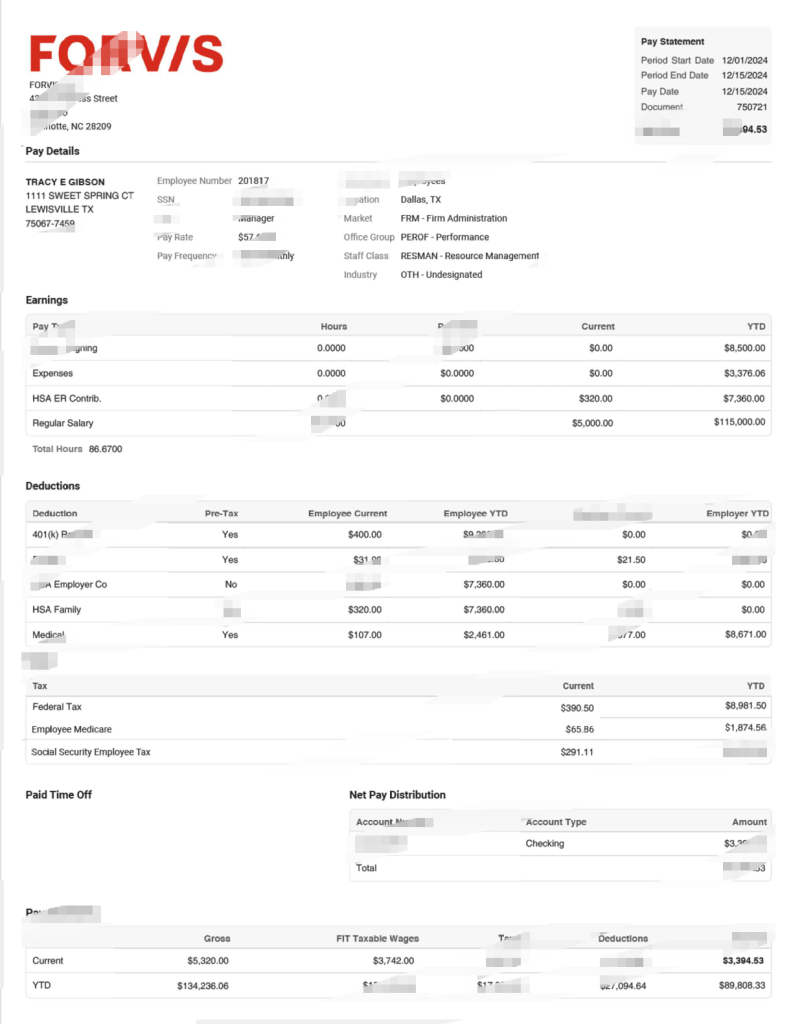 美国 FORVIS LLP 工资单模板（Word 和 PDF 格式）