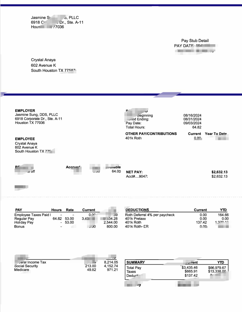 美国 Jasmine Sung DDS PLLC 工资单模板（Word 和 PDF 格式）