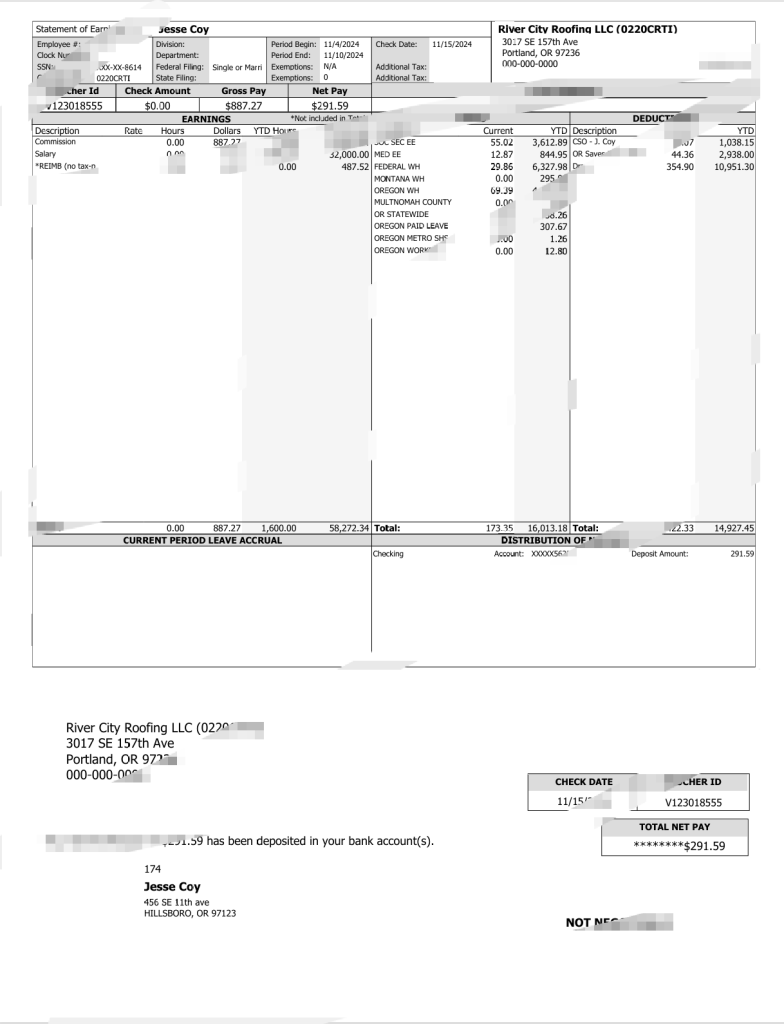 美国河城屋顶公司（USA River City Roofing LLC）工资单模板（Word 和 PDF 格式）