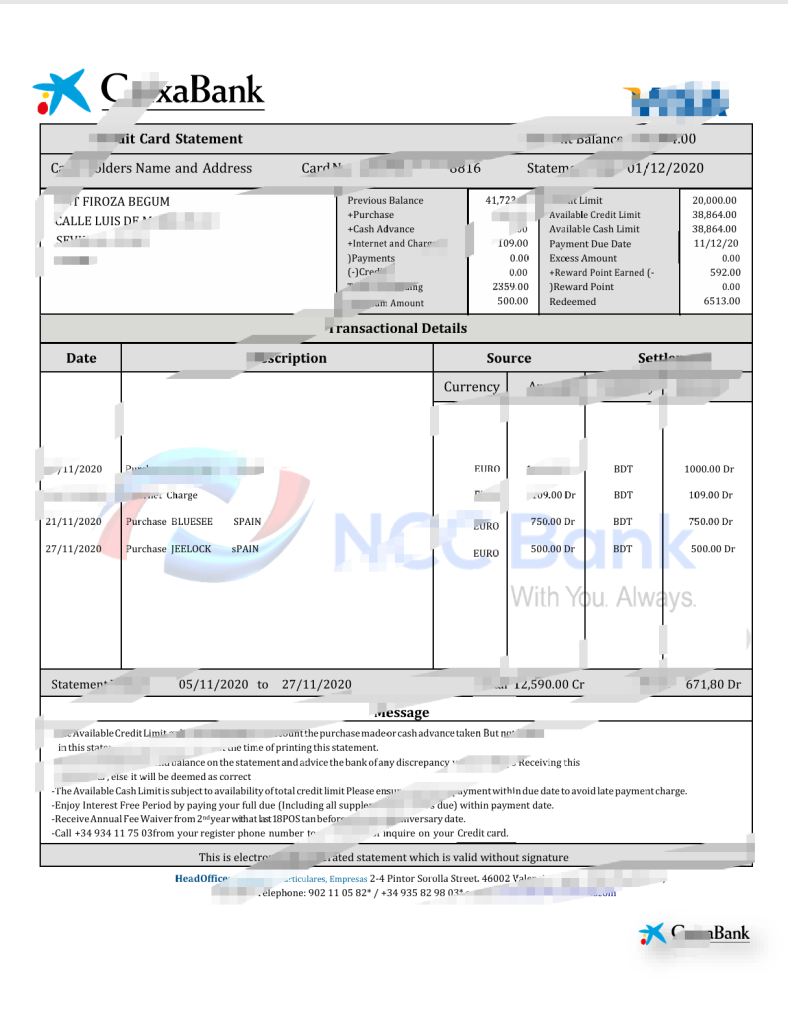 西班牙CaixaBank银行对账单模板（Word和PDF格式）