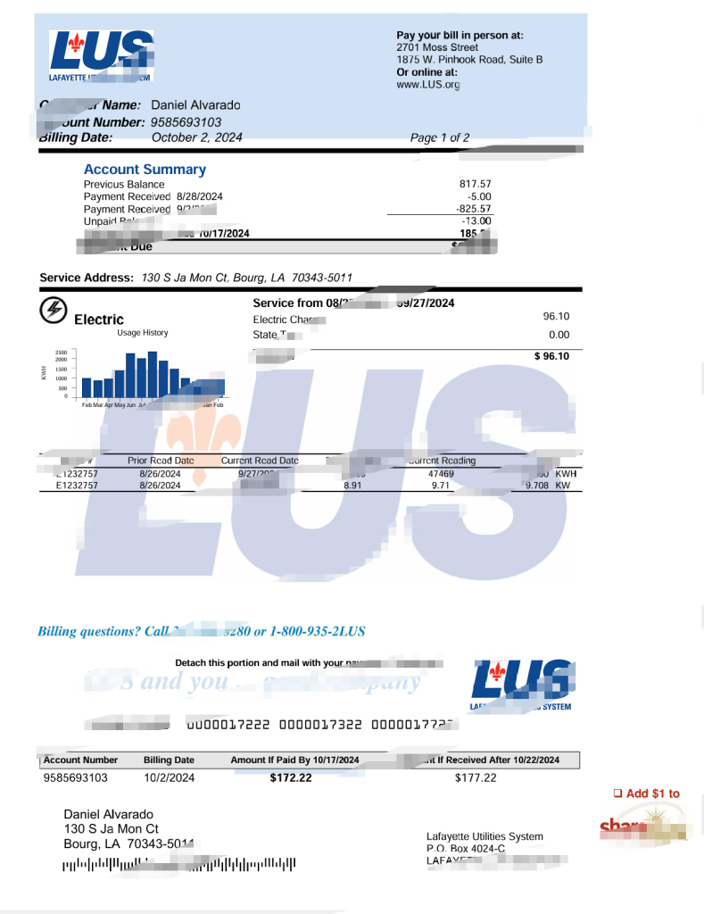 美国拉斐特公用事业系统水电费账单 Word 和 PDF 模板（2 页）