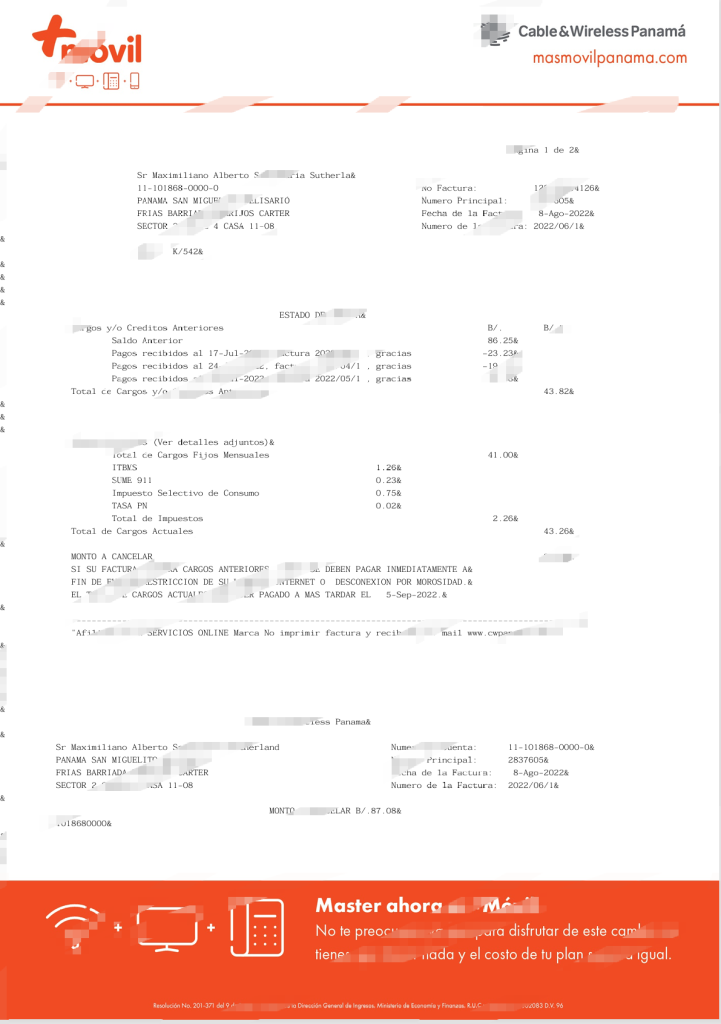 巴拿马有线无线公司巴拿马公用事业账单 Word 和 PDF 模板（2 页）