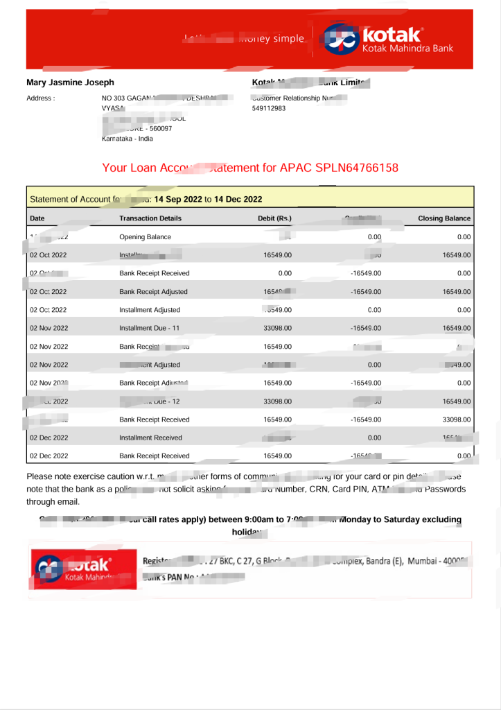 印度 Kotak Mahindra 银行对账单 Word 和 PDF 模板