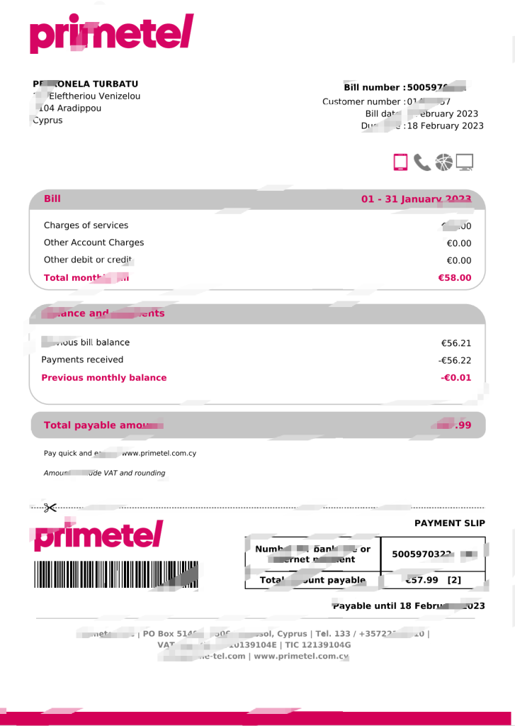 塞浦路斯电信公司公用事业账单模板（Word 和 PDF 格式）