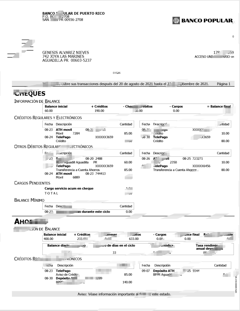 波多黎各人民银行（Banco Popular de Puerto Rico）银行对账单模板（Word 和 PDF 格式）